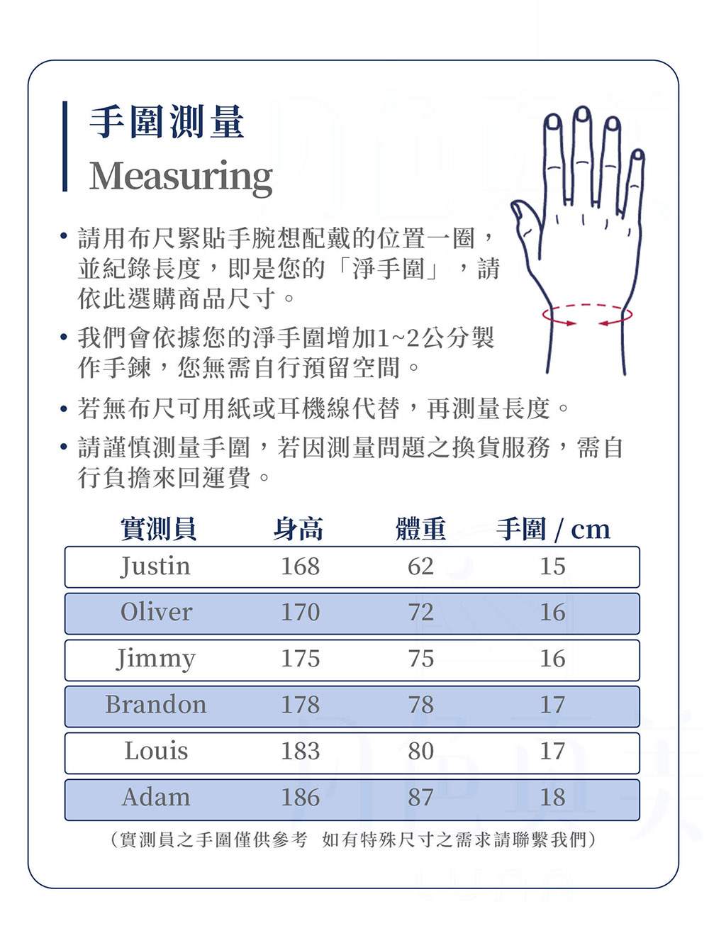 實測員之手圍僅供參考 如有特殊尺寸之需求請聯繫我們