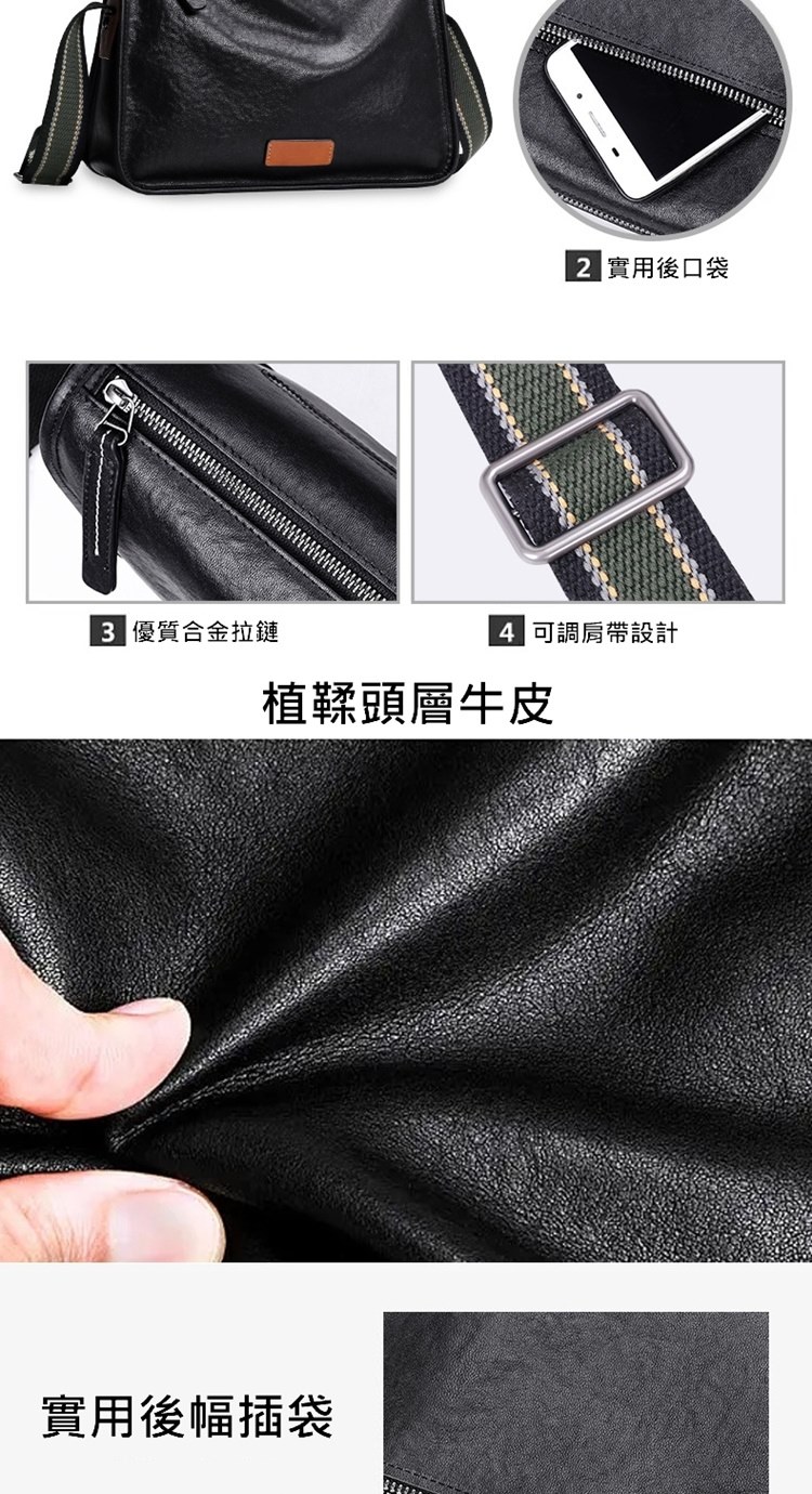 3 優質合金拉鏈 實用後幅插袋 植鞣頭層牛皮 2 實用後口袋 4 可調肩帶設計 