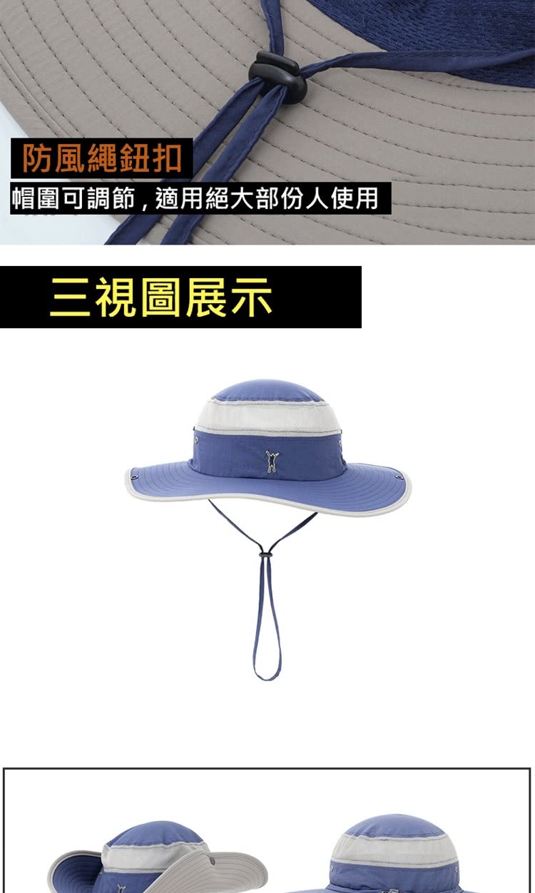 防風繩鈕扣 帽圍可調節,適用絕大部份人使用 三視圖展示 