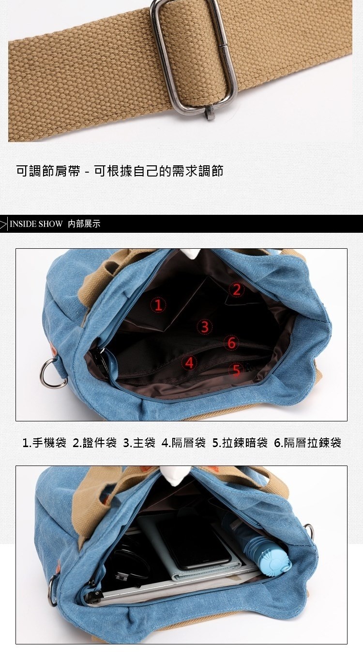 可調節肩帶  可根據自己的需求調節 INSIDE SHOW 内部展示 1.手機袋 2.證件袋 3.主袋 4.隔層袋 5.拉鍊暗袋 6.隔層拉鍊袋 