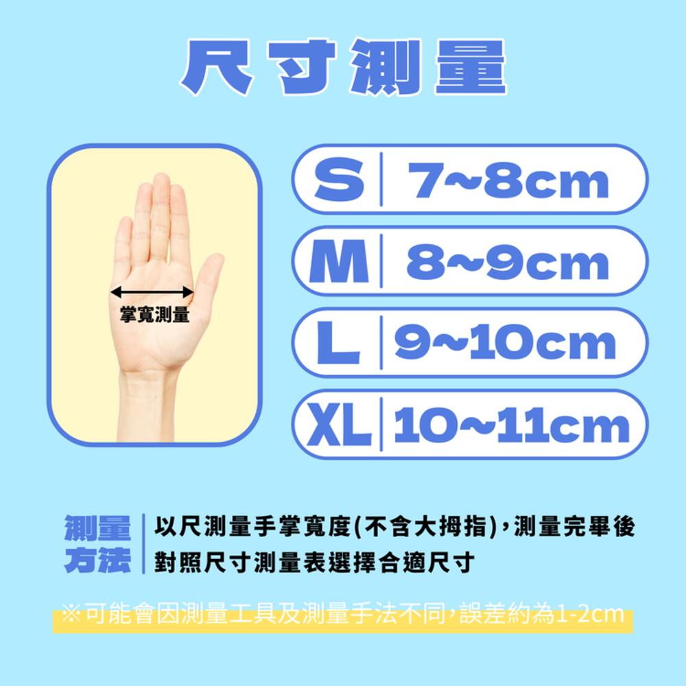 尺寸测量 掌寬測量 測量  以尺測量手掌寬度不含大拇指,測量完畢後 方法對照尺寸測量表選擇合適尺寸 可能會因測量工具及測量手法不同,誤差約為12cm 