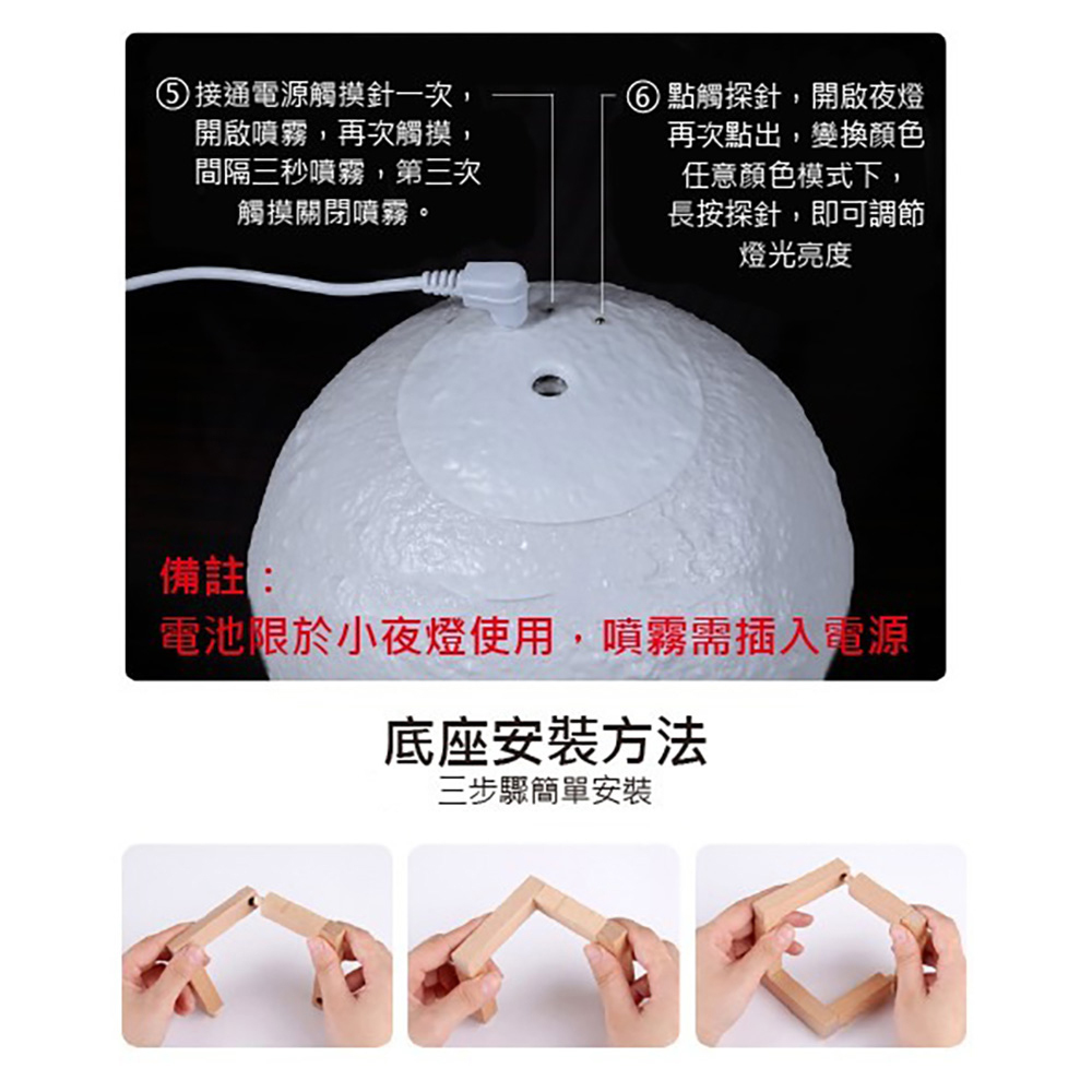 電池限於小夜燈使用,噴霧需插入電源
