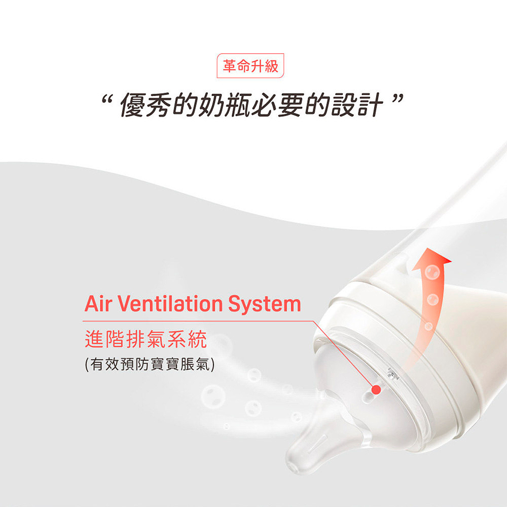 革命升級 優秀的奶瓶必要的設計, 進階排氣系統 有效預防寶寶脹氣 