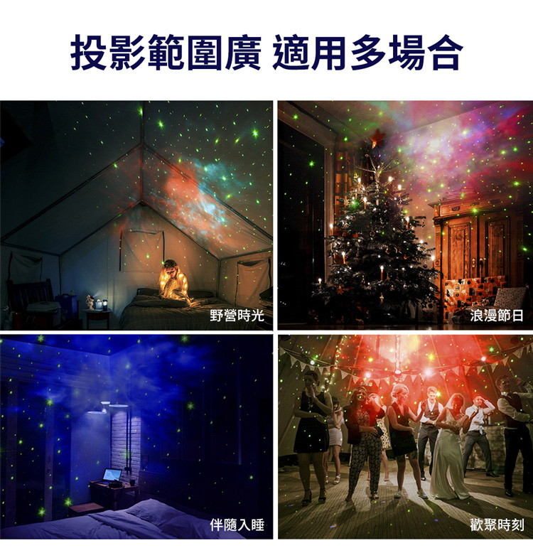 投影範圍廣 適用多場合 野營時光 伴隨入睡 浪漫節日 歡聚時刻 