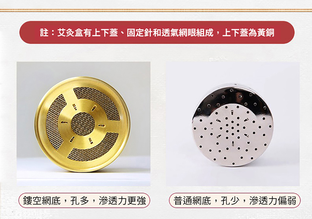 註艾灸盒有上下蓋、固定針和透氣網眼組成,上下蓋為黃銅 鏤空網底,孔多,滲透力更強 普通網底,孔少,滲透力偏弱 