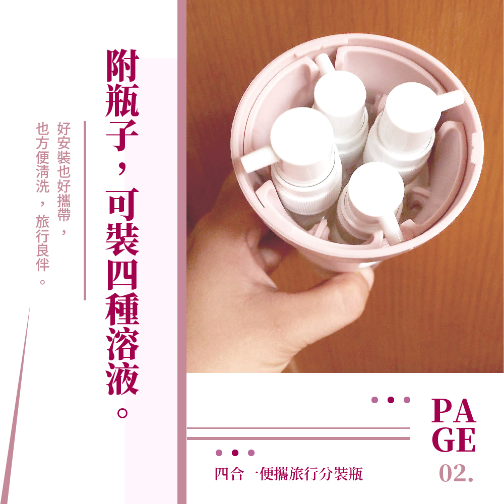 四合一便攜旅行分裝瓶 附瓶子,可裝四種溶液。 好安裝也好攜帶, 也方便清洗 ,旅行良伴一 