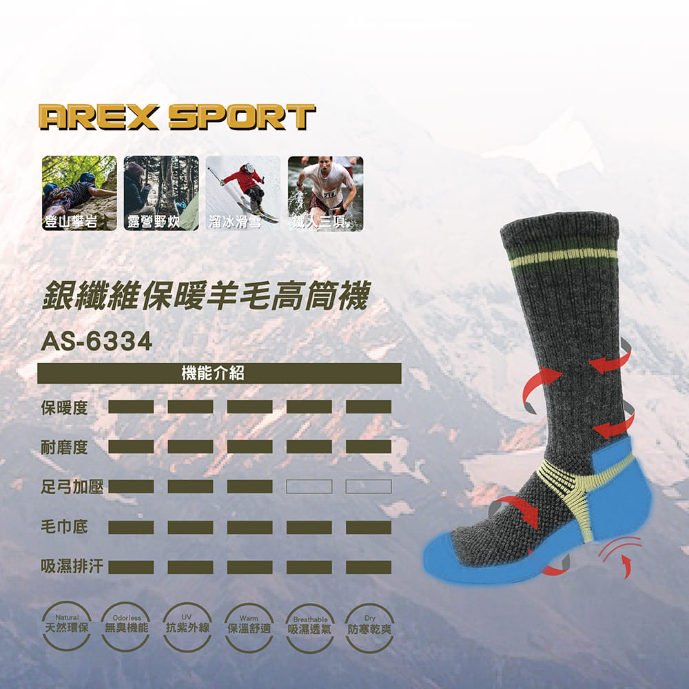 AREXSPORT】登山襪羊毛襪保暖襪銀纖維襪除臭襪雪襪雪地襪毛巾襪運動襪