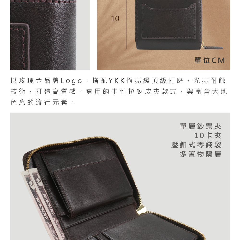 以玫瑰金品牌Logo,搭配YKK恆亮級頂級打磨、光亮耐蝕