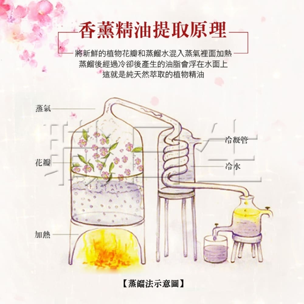 將新鮮的植物花瓣和蒸餾水混入蒸氣裡面加熱.