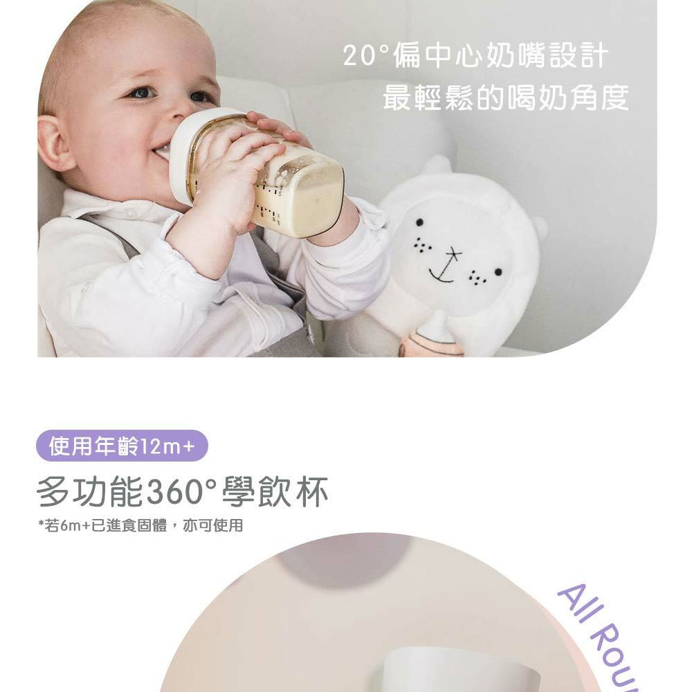 使用年齡12m 多功能360學飲杯 若6m已進食固體,亦可使用 20偏中心奶嘴設計 最輕鬆的喝奶角度 