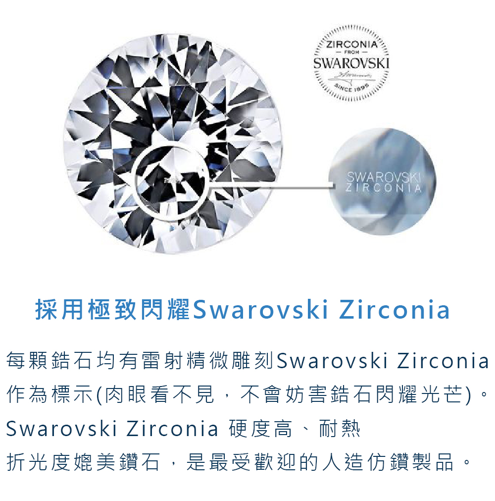 採用極致閃耀Swarovski Zirconia 每顆鋯石均有雷射精微雕刻Swarovski Zirconia 作為標示肉眼看不見,不會妨害鋯石閃耀光芒。 Swarovski Zirconia 硬度高、耐熱 折光度媲美鑽石,是最受歡迎的人造仿鑽製品。 