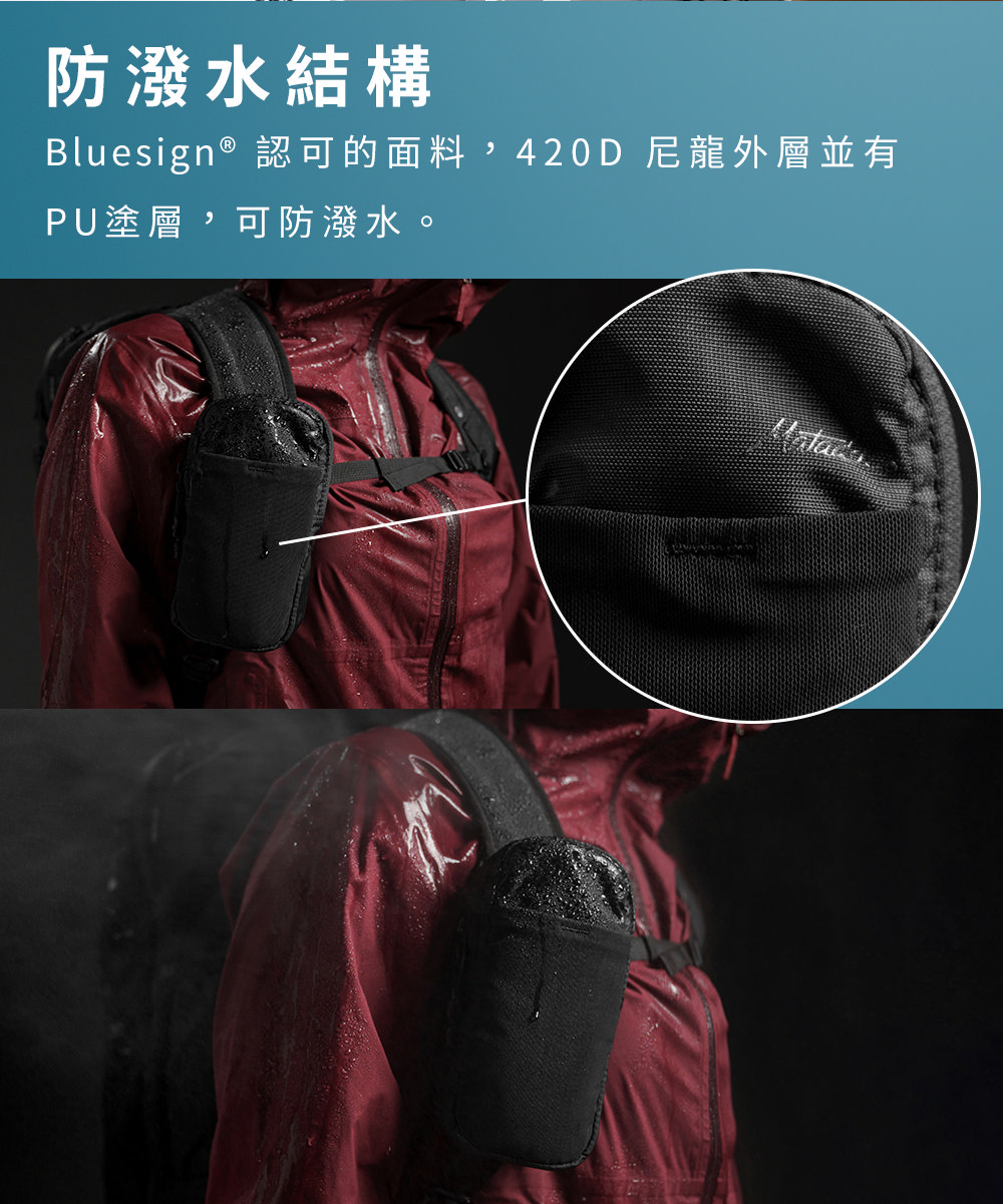 防潑水結構 Bluesign 認可的面料,420D尼龍外層並有 PU塗層,可防潑水。 