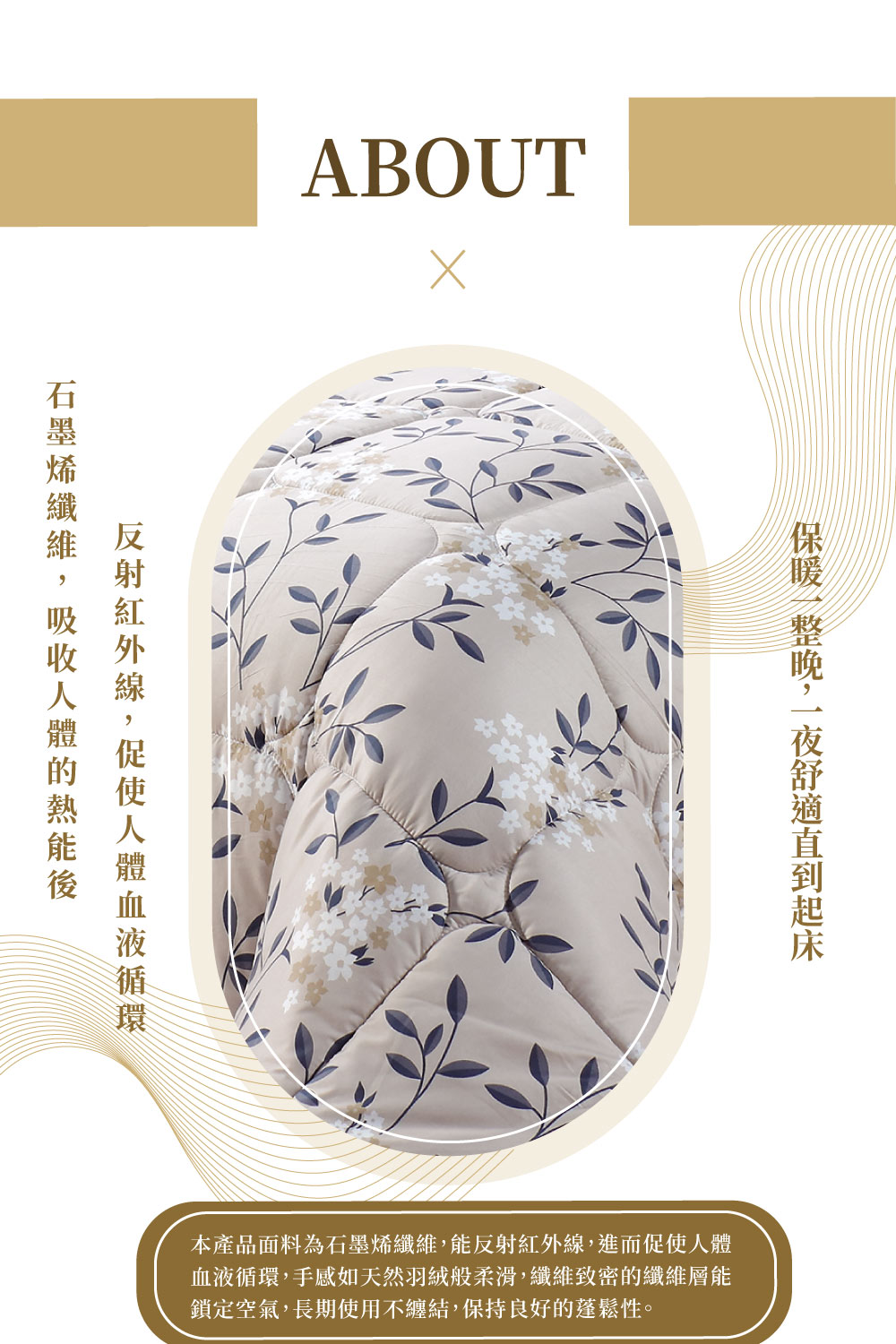 本產品面料為石墨烯纖維,能反射紅外線,進而促使人體