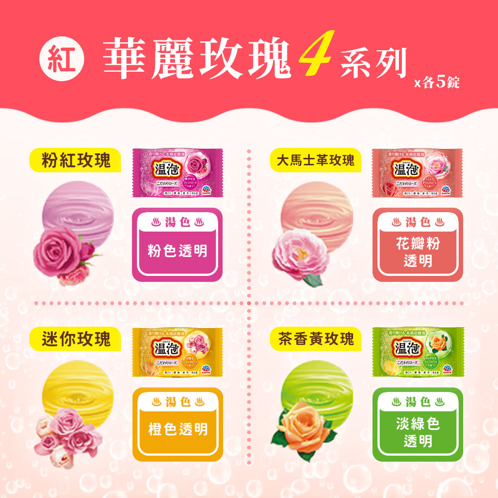 華麗4系列5錠粉紅玫瑰泡な♨湯色♨粉色透明馬士革玫瑰弾ける泡大 ♨湯色♨花瓣粉透明香り弾ける本格迷你玫瑰茶香黃玫瑰泡泡こだわりローズ♨湯色♨橙色透明♨湯色♨淡綠色透明