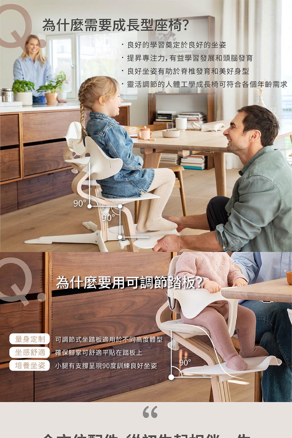為什麼需要成長型座椅?良好的學習奠定於良好的坐姿&middot;提昇專注力,有益學習發展和頭腦發育良好坐姿有助於脊椎發育和美好身型靈活調節的人體工學成長椅可符合各個年齡需求9090為什麼要用可調節踏板?量身定制可調節式坐踏板適用於不同高度體型坐感舒適確保腳掌可舒適平貼在踏板上培養坐姿 小腿有呈現90度訓練良好坐姿90