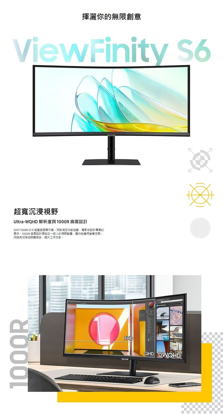 1000R揮灑你的無限創意ViewFinity 超寬沉浸視野Ultra-WQHD 解析度與1000R曲面設計34吋 1000R 21:9 超寬曲面顯示器同時滿足你對遊戲電影或設計專案的需求 曲面設計更貼近一般的視野範圍讓你空間,同時有效降低,提升工作效率。FHDQHD UWQHD