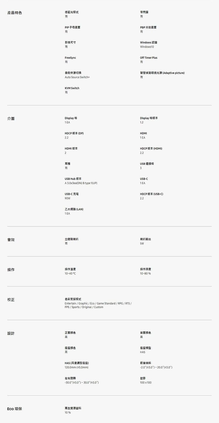 產品特色低藍光模式 子母零閃屏PBP影像尺寸FreeSyncWindows Windows0Off Timer Plus來源切换Auto Source Switch+智慧偵測環境光源 Adaptive picture)KVM Switch介面Display1EADisplay 版本HDP 版本 DP)HDMI1EAHDMI 版本2耳機HDCP 版本 HDMI)USB 連接埠USB Hub 版本A x3eaDN) B type 1(UP)USBC 充電USB-C1EA90W乙太網路(LAN)1 EA立體聲喇叭音效操作操作溫度校正10-40C色彩支援模式Entertain / Graphic / Eco/ Game Standard/RPG/RTS/FPS / Sports / Original / Custom設計正面颜色HAS (調整底座)HDCP 版本 (USB-C)喇叭輸出操作濕度10-80%顏色底座HAS前後傾斜 () - 20.0 (3.0)120.0mm(5.0mm)左右旋轉-30.0 (3.0) 30.0 (3.0)100x100Eco 環保再生資源塑料10%