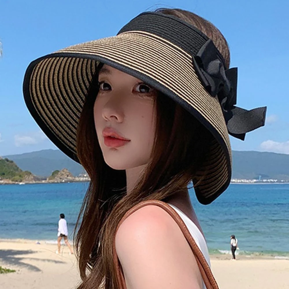 【KEDDY】蝴蝶結帽-遮陽帽-防曬帽-空頂帽-條紋帽-大簷帽-草編帽-太陽帽-草帽-抗紫外線-可折疊-可收納