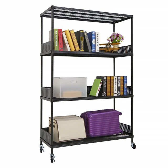 【品樂生活】荷重補強 45X120X216CM菱形網圍籬款四層推車(烤漆霧黑/一寸粗管/置物架/波浪架/收納架/鐵架)