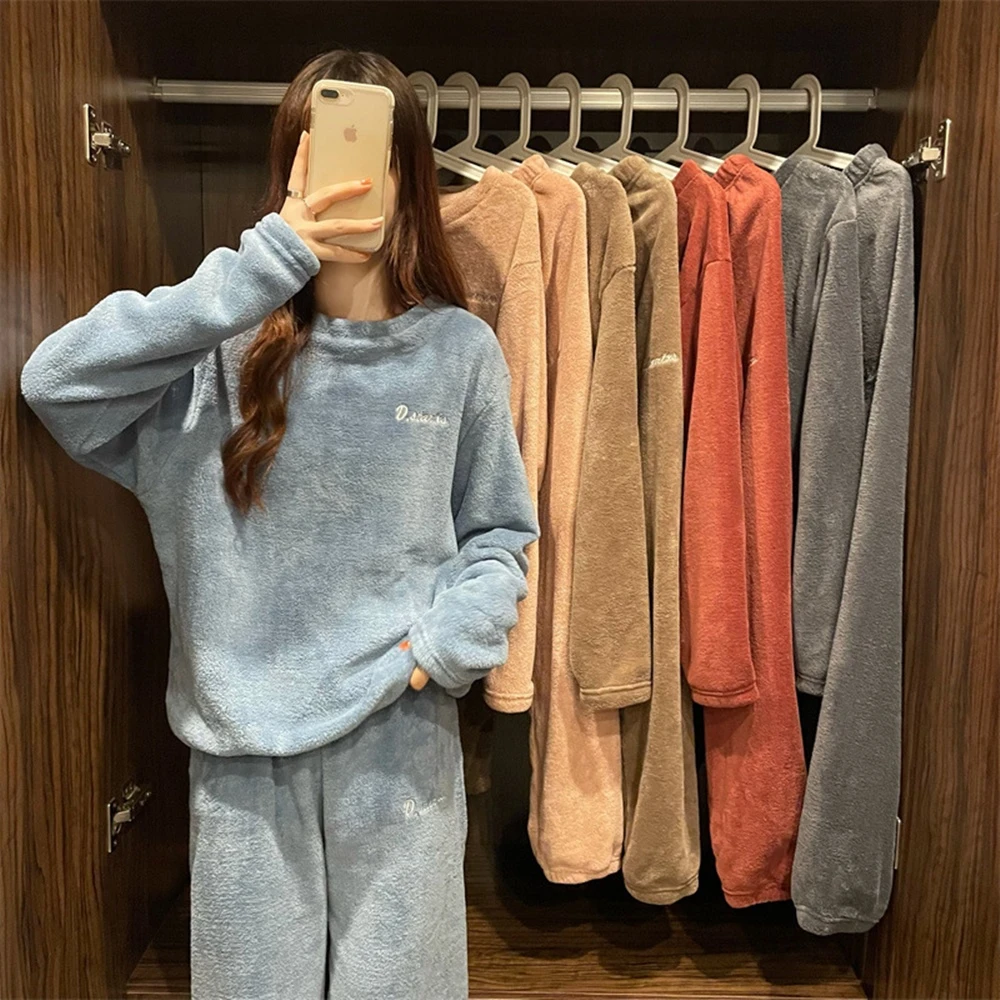 【D.studio】韓版珊瑚絨加絨加厚暖暖睡衣套裝毛衣 長袖上衣 女裝 衣服 寬鬆上衣 發熱衣 長袖t恤  S294