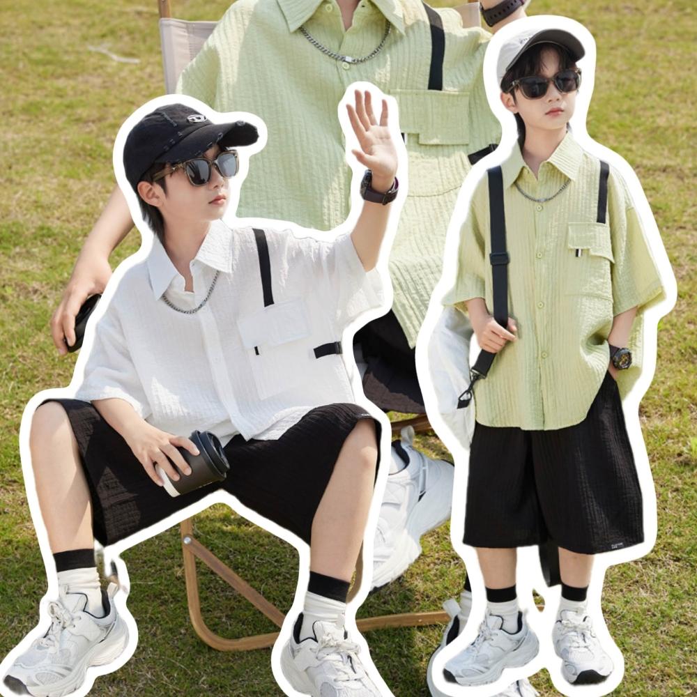 【Arbea】中大童120-170碼夏季中大男童襯衫短袖套裝新款童裝兒童男孩短褲兩件套透氣寬鬆潮【C1195】