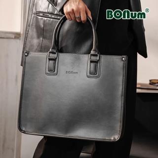 【BONum 博紐】韓版瘋馬皮方形輕商務筆電公事包公事包 (型男 上班 休閒 商務 筆電 電腦包)
