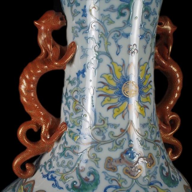 多色彩陶器花瓶 ドラゴンハンドル付き 清 堆塑双耳瓶 大清乾隆年制款 中国古美術 i-img1200x1200-