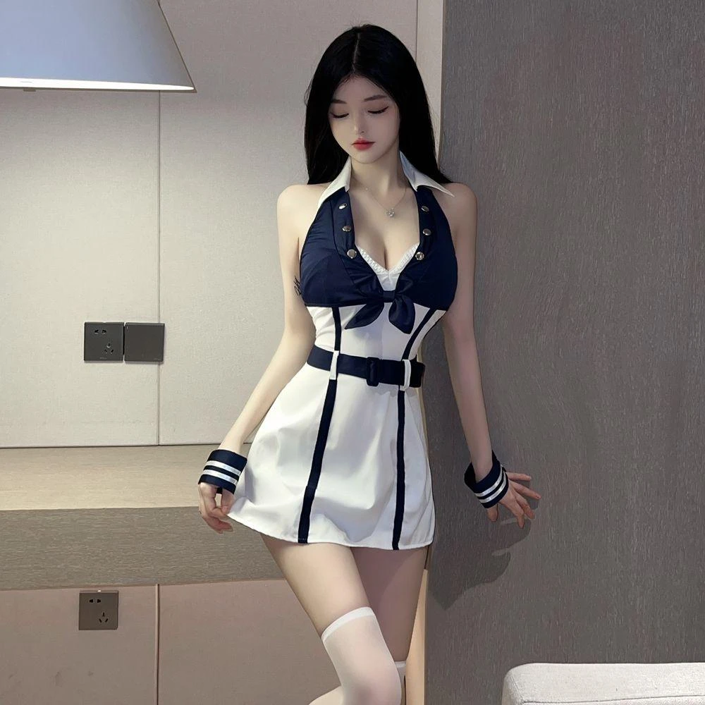 【Enjoy Love】交換禮物｜經典藍白性感立領腰際顯瘦連身裙學生扮演服｜角色扮演服 Cosplay 學生服