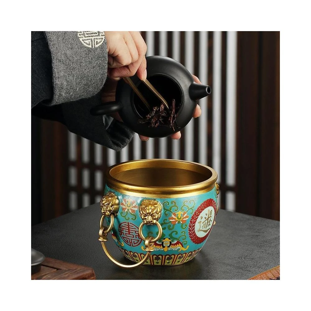 高端穩重 宏虎純黃銅大漆茶洗復古故宮茶杯洗水儲缸茶臺建水盂盆茶道茶渣桶