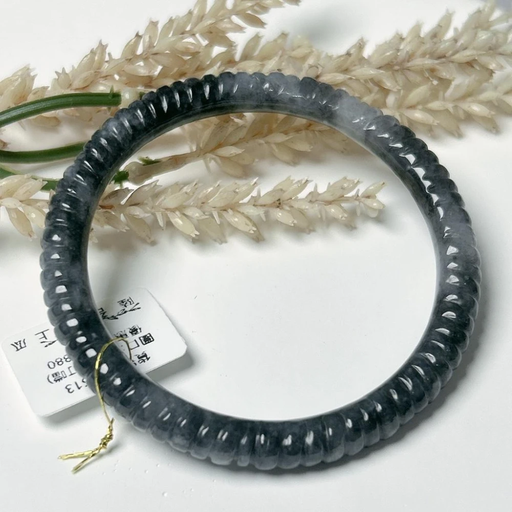 玉我翡翠】烏雞麻花雕刻鐲叮噹鐲(56)mm 緬甸A貨翡翠M5709 玉我翡翠