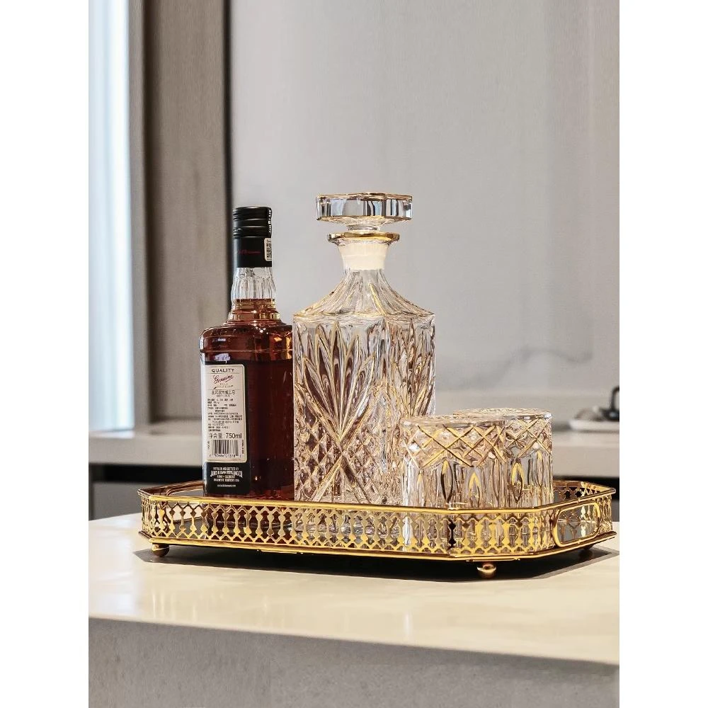 奢華宮廷風描金威士忌酒杯酒瓶酒樽金屬鏡面託盤套裝家用裝飾擺件