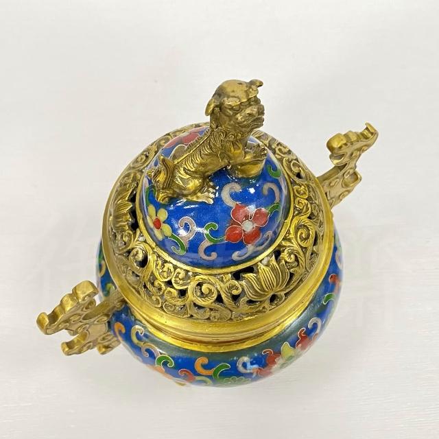 御古齋】掐絲景泰藍獅戲球銅香爐熏香爐三足爐掐絲琺瑯彩爐壁厚實爐蓋鏤