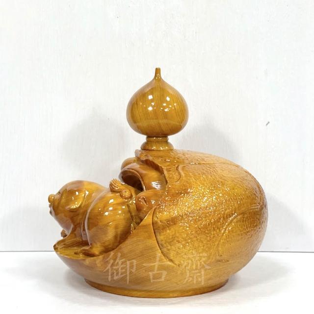 御古齋】寮國檜木精雕如意招財福氣豬聚寶盆重油諸事大吉招財進寶聚氣