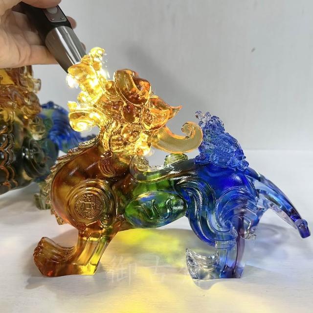 御古齋】彩晶琉璃大貔貅一對背蝙蝠蟾蜍招財進寶日日進財財源廣進
