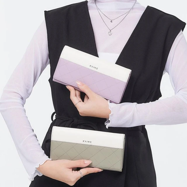 送料込★S’AIME★真皮RFID菱格撞色長夾★本革 バイカラー長財布 S'AIME】SAIME 東京企劃真皮RFID菱格撞色長夾