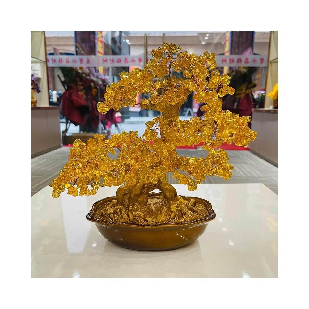 天然黃水晶招財樹發財樹招財金盆擺件酒櫃裝飾品家居