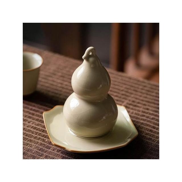 豆黃汝窯小葫蘆茶寵功夫茶具配件創意茶玩可開片陶瓷茶桌擺件裝飾