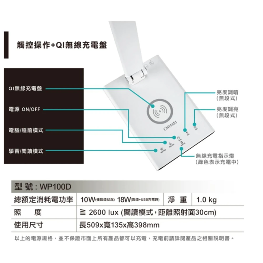 【CHIMEI 奇美】奇美 CHIMEI 時尚 LED QI無線充電護眼檯燈 LT-WP100D 檯燈 無線充電 USB充電