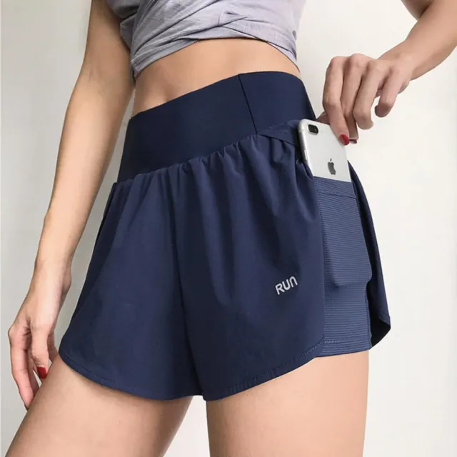 【FT SHOP】防走光運動短褲 有口袋款 腰顯瘦效果 速乾短褲 健身瑜伽跑步 防走光雙層設計 運動短褲