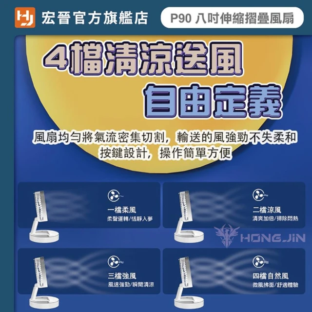 HONG JIN】P90 8吋伸縮折疊風扇(折疊伸縮風扇伸縮立扇USB風扇