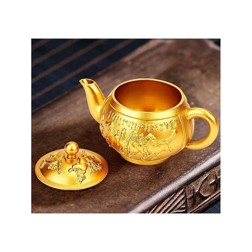 黃銅龍鳳山水茶壺家居茶桌茶具純銅擺件龍鳳呈祥小茶壺中式茶具