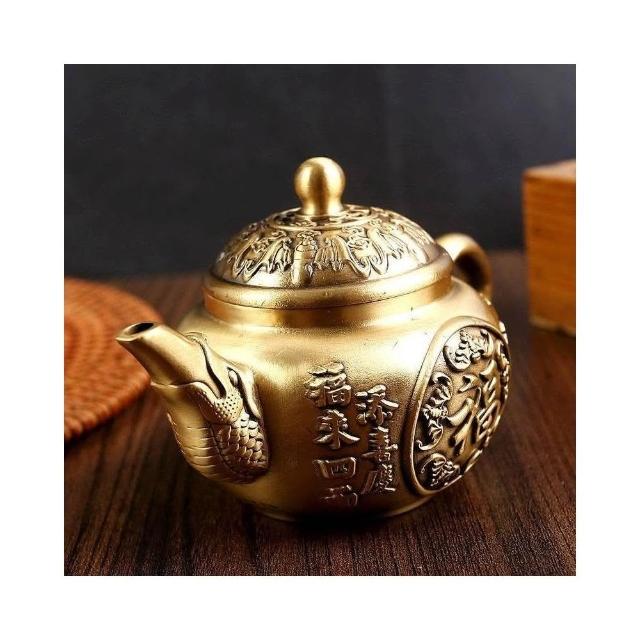 黃銅茶具復古創意小茶壺居家擺件辦公室家居招財小物五福茶壺純銅