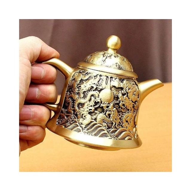 高檔黃銅茶壺龍頭壺創意酒杯辦公案頭擺件純銅復古中式茶具雙龍戲珠茶具