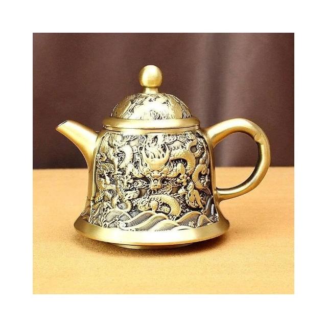 高檔黃銅茶壺龍頭壺創意酒杯辦公案頭擺件純銅復古中式茶具雙龍戲珠茶具