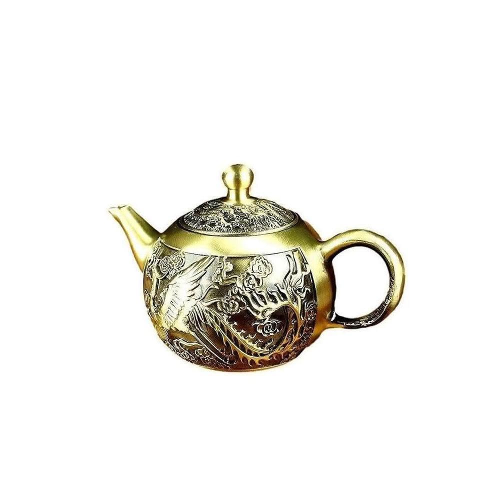黃銅龍鳳山水茶壺家居茶桌茶具純銅擺件龍鳳呈祥小茶壺中式茶具雕花茶壺