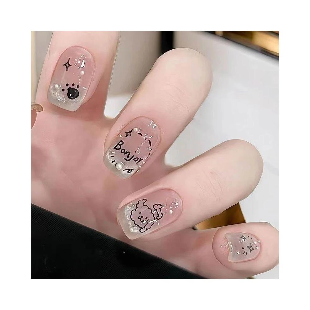梵花 童趣手繪小狗珍珠美甲貼片卡通貓眼可愛ins塗鴉手工穿戴甲短款指甲貼