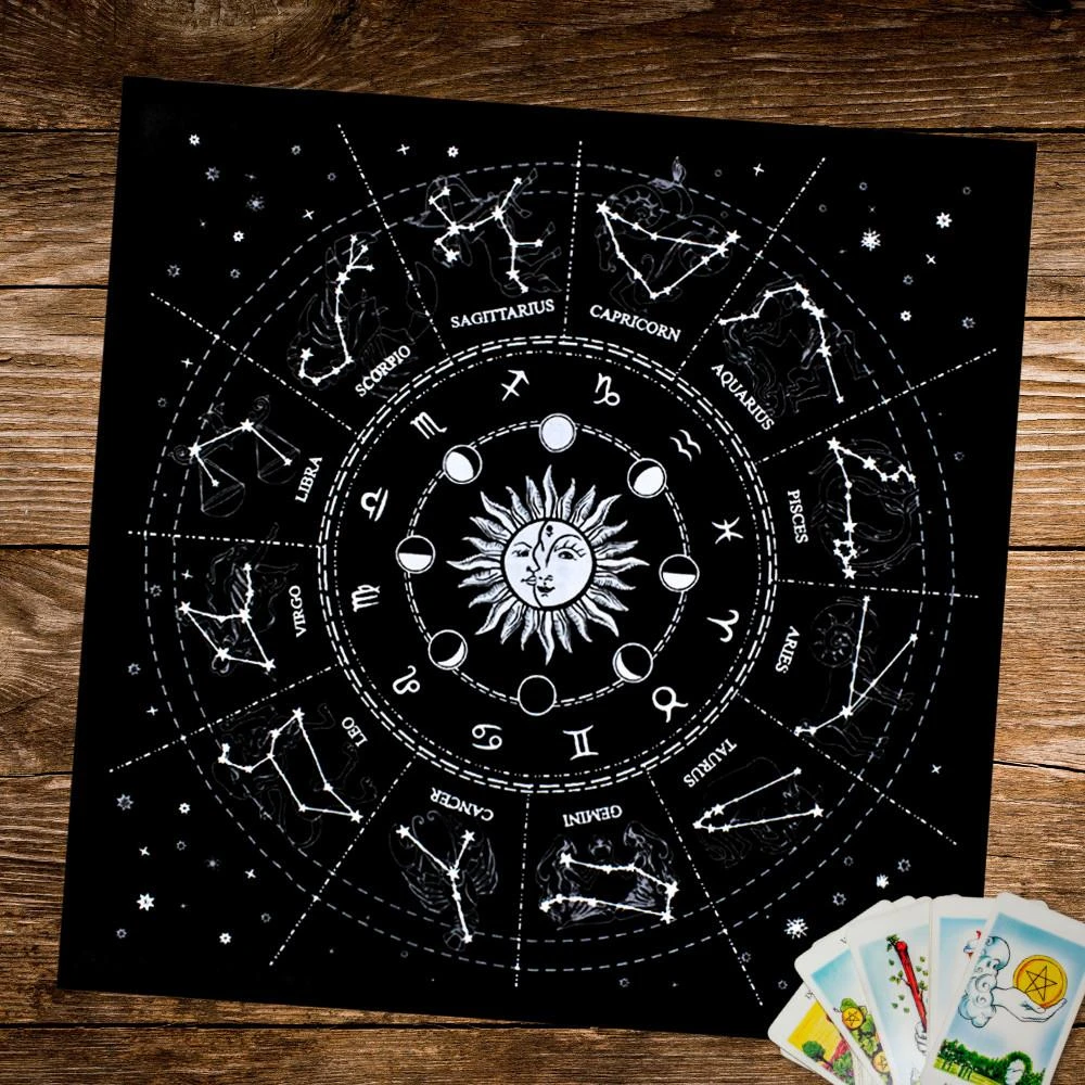 每日出貨🚚星空十二星座塔羅布-黑色 絨布掛布 48x48cm 雙色印刷 塔羅桌布 掛毯 靜心空間 靜坐冥想 牆面櫃體…