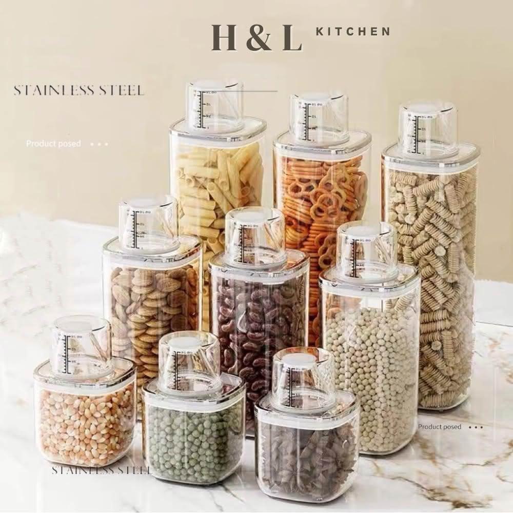 【H&L 匠心優廚】輕奢款量杯旋扣罐 食品密封罐 密封罐 真空旋扣密封罐儲物罐 保鮮盒 儲物罐 堆疊密封儲物罐 密封保鮮罐 方形保鮮罐
