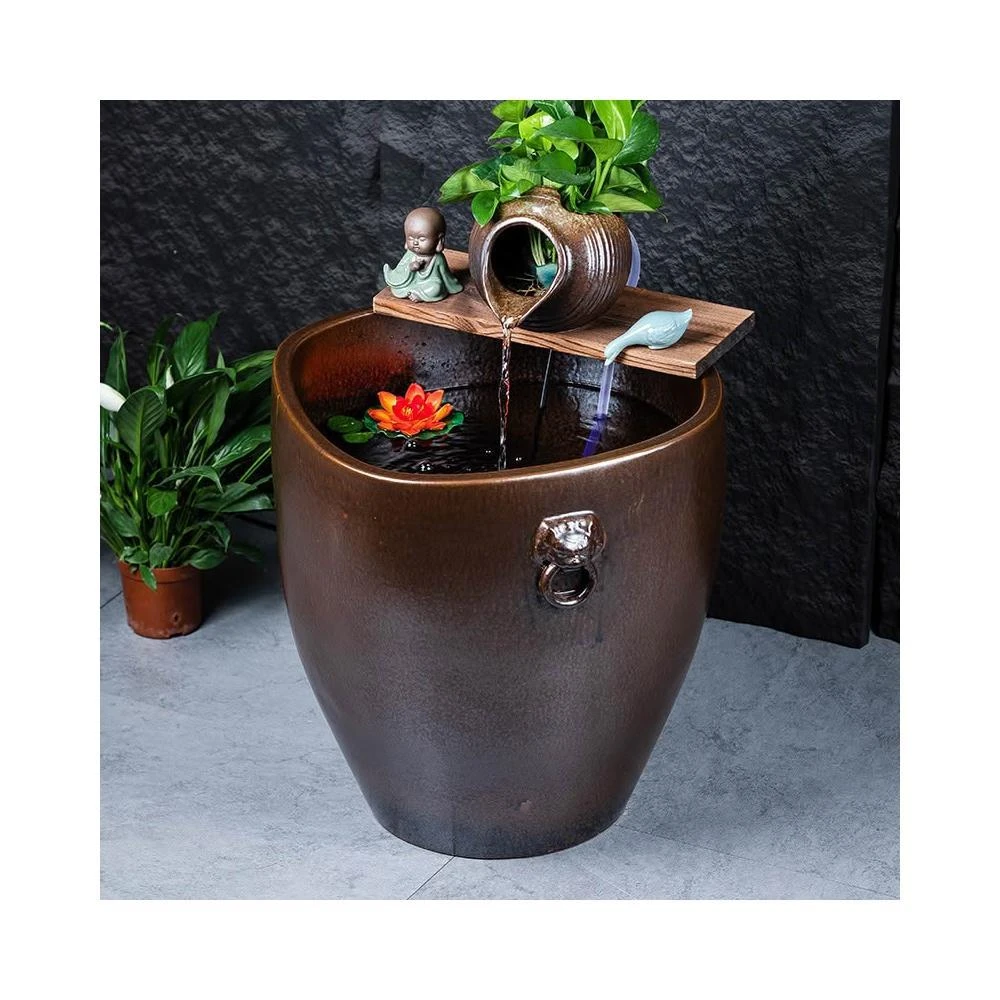 加高陶瓷大缸古法養魚缸客廳陽臺金魚缸陶罐循環流水造景老式水缸