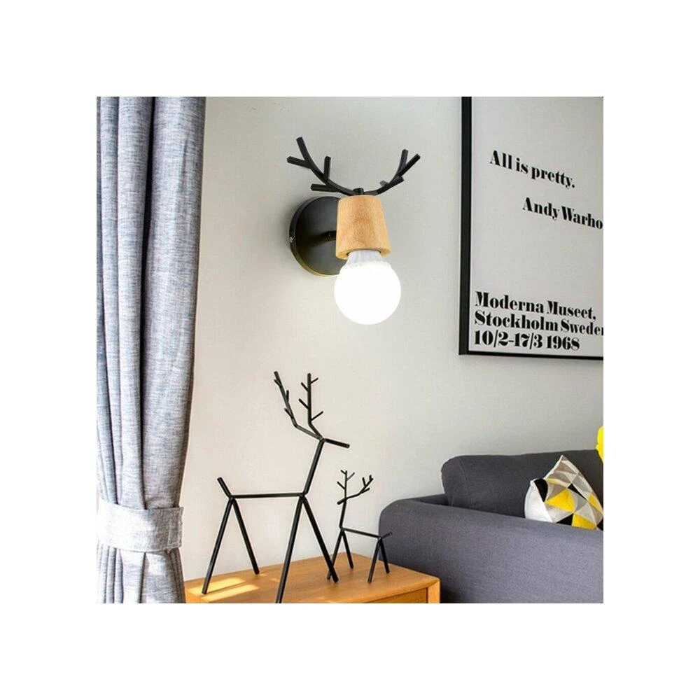 實木麋鹿角造型壁燈北歐風 壁燈LOFT客廳陽台走廊書房梯間兒童臥室 黑白實木鹿角燈飾